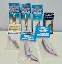 LOT of 7 Fishing Lures New Manns Little George Mepps Syclops Clarkspoon Dolphin