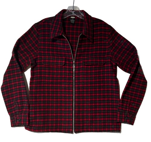 Vintage Old Navy Acrylic Wool Flannel Zip Up Shirt Jacket Women Medium Red Plaid - Picture 2 of 8