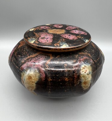 Gorgeous Studio Art Pottery Lidded Round Black Bowl Vessel Signed Hozer