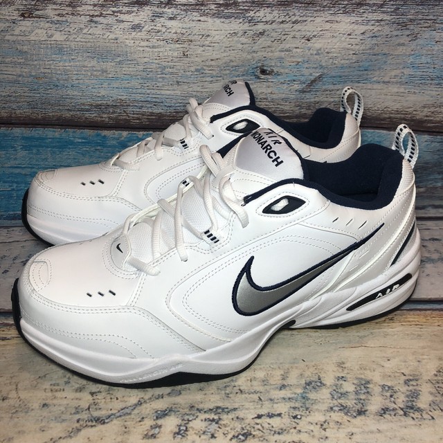 Nike Air Monarch IV Men's Athletic Shoes - White/Midnight Navy/White/Metallic Silver, Size 9 4E 