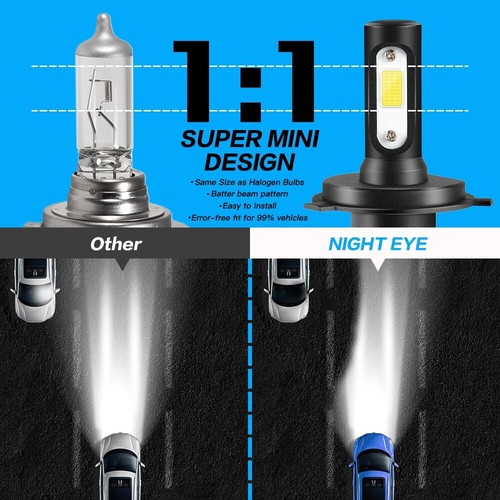 NIGHTEYE H4 9003 LED Headlight Bulbs 72W 9000LM 3-Sided White Kit High Low Beam - Picture 2 of 12