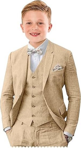 Linen Boys Suit3 Pieces Slim Fit Summer Beach Wedding Suit Kids Linen Suits Set - Picture 12 of 24