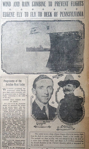 1911 Newspaper Front Page - Eugene Ely to Fly to Deck of Battleship Pennsylvania - Picture 2 of 5
