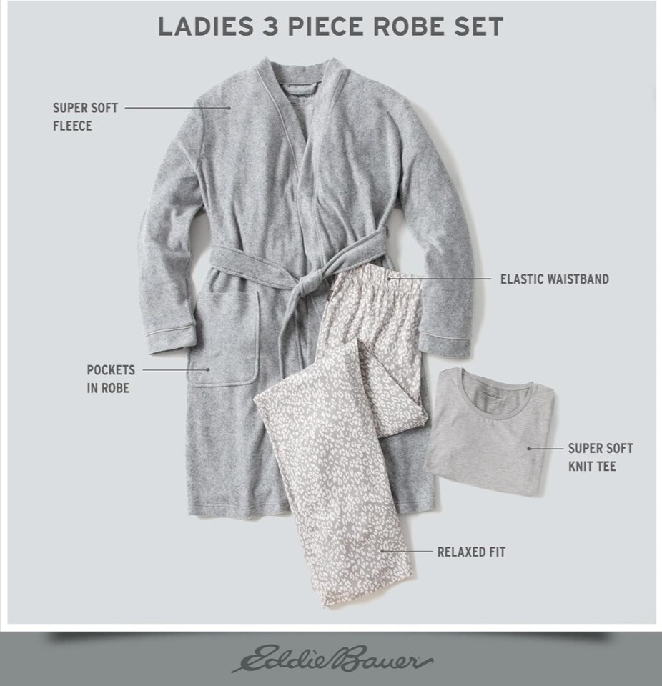 XXL Eddie Bauer Women’s Pajama Set 3 Piece Sleepwear Set Bathrobe, T