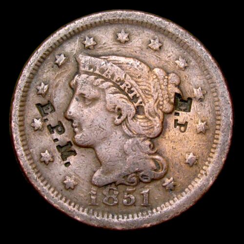 1851 Braided Hair Large Cent EPM Counterstamped Nice Details Coin Lot #423P - Imagen 1 de 2
