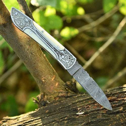 Handmade Damascus Steel CAMPING TACTICAL Folding blade Pocket Knife Belt Sheath - Picture 5 of 5