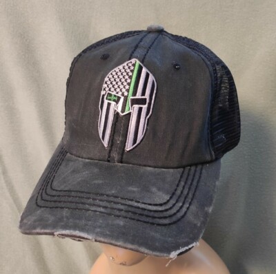 Spartan Mesh Trucker Hat Black Distressed Ball Cap Green Line USA Spartan  Hat