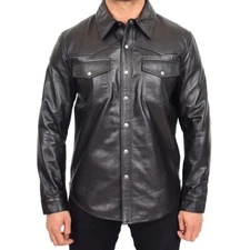 Men's Real Lamb Leather Shirt Full Sleeves Leather Buttoned Front Black Shirt