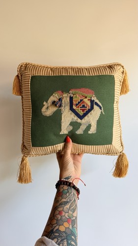 Vintage Handmade Elephant Needlepoint Pillow 14x12 Boho Silk Stripe With Tassels