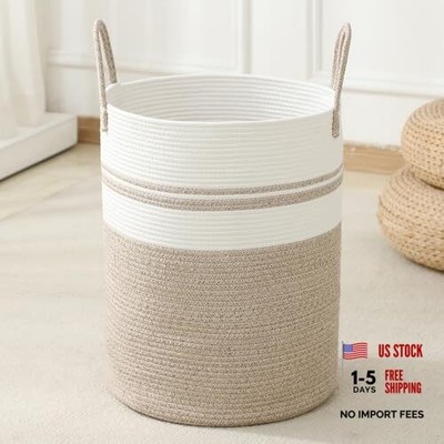 Laundry Basket Hamper Tall Rope Storage Woven for 60L/15.8Gal Brown&White