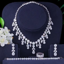 Leaf Dangling Drop Necklace Earrings Bracelet Ring Silver Plated CZ Jewelry Set