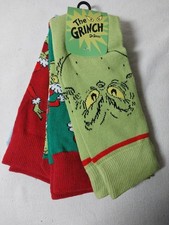 The Grinch Socks Mens 3 Pair Crew Size 8-12 Bioworld Christmas Dr. Seuss Multi