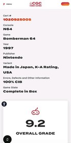 Bomberman 64 Nintendo 64 CGC 9.2 Complete in Box Graded (not Wata PSA or VGA)