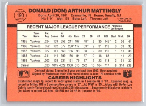 Don Mattingly - 1990 Donruss #190b - New York Yankees Baseball Card - Picture 2 of 2