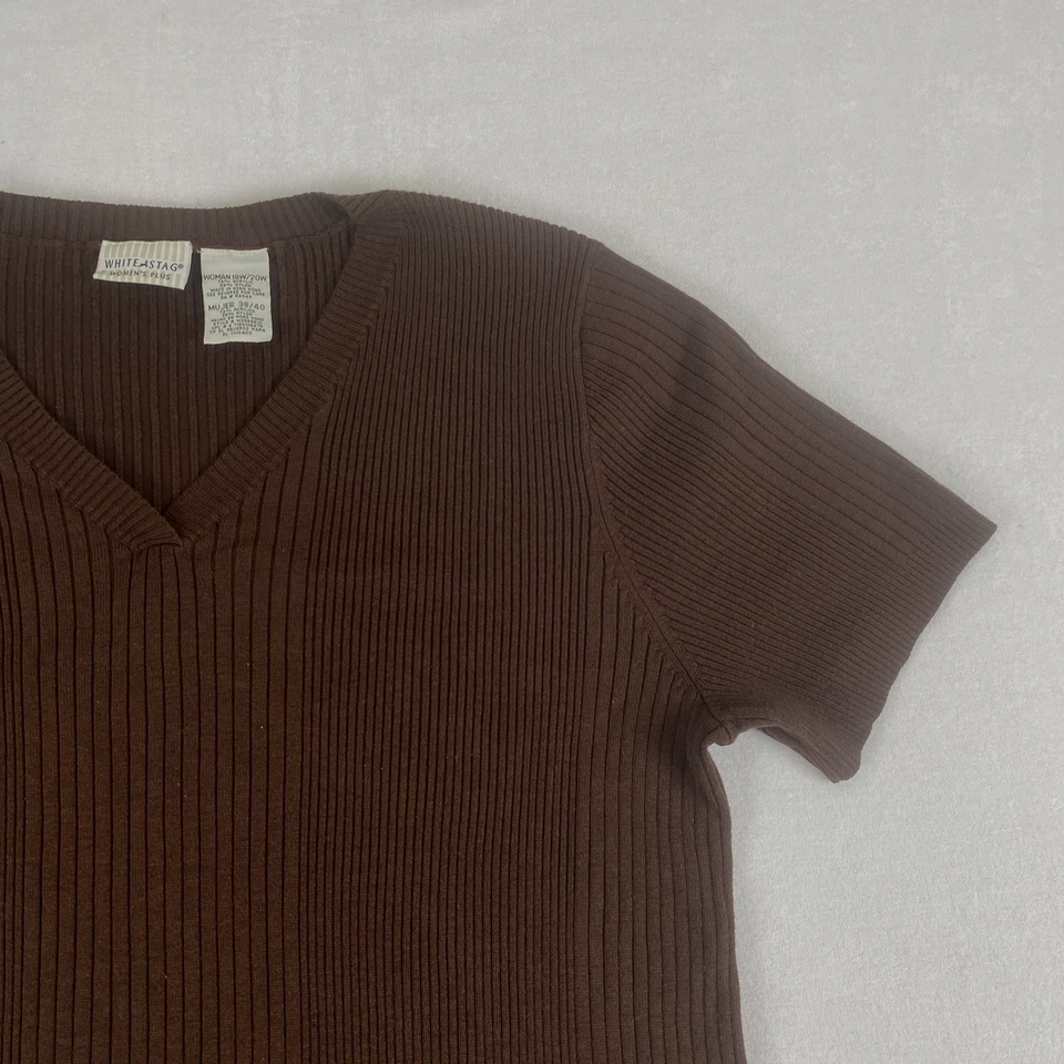 Blusa Top Vintage Blanco Ciervo Marrón Cuello en V Tejido a Rayas 18W Foto 4 de 4