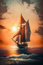 Wandbild: Segelschiff im Meer bei Sonnenuntergang. 3D-Darstellung. (200711905)