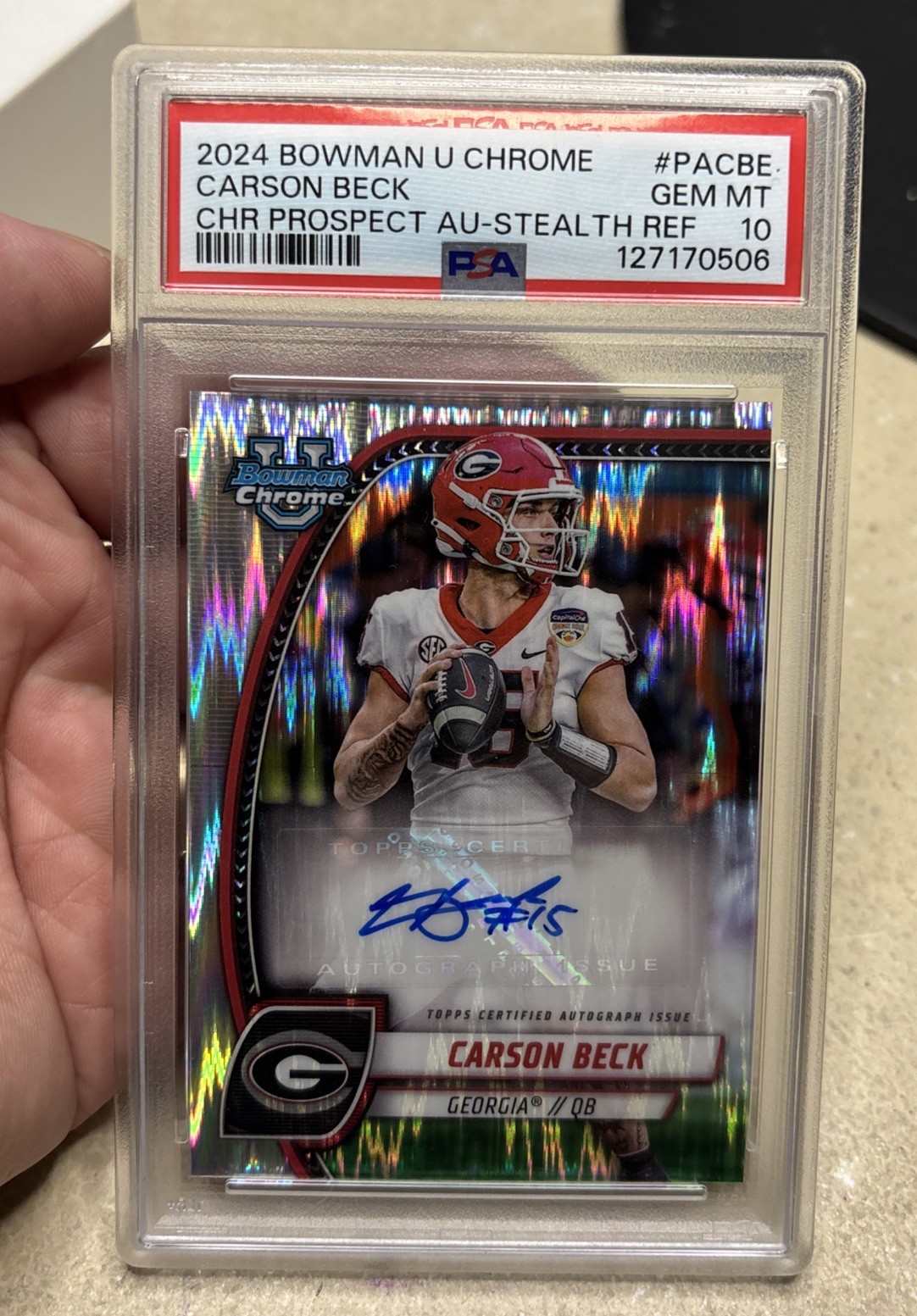Carson Beck 2024 Bowman University Chrome Stealth Refractor Auto PSA 10 Gem Mt