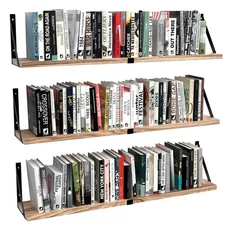 Floating Book Shelves Set of 3, Wall Bookshelf, 33 inch Long Wood Shelf for W...