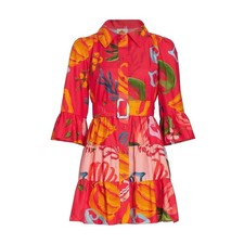 Farm Rio Tropical Fruit Printed Mini Shirt Dress Small Multicolor Belted Resort