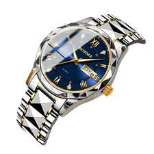 Dedima Men's Gold Silver Two Tone Band Blue Dial Day Date Quartz Wristwatch New