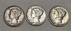 3 AU Mercury Dimes 1942-D, 1944-D, 1945. 90% Silver See Pictures For Details
