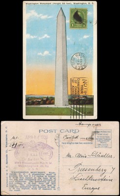 Postcard Washington D.C. Monument 1928  gel. Stamp 1 Cent Aufdruck Nebr