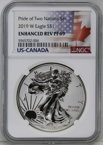 2019 W Pride of Two Nations Enhanced Reverse PF69 American Silver Eagle