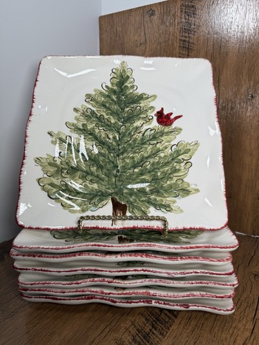 Weihnachtsbaum & Kardinal quadratische Salatteller 7er Set Steinzeug Maxcera