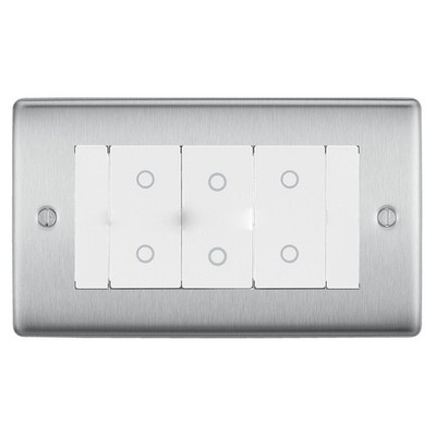 BG Nexus gebürsteter Stahl Triple Master Touch Dimmschalter weiße Einsätze