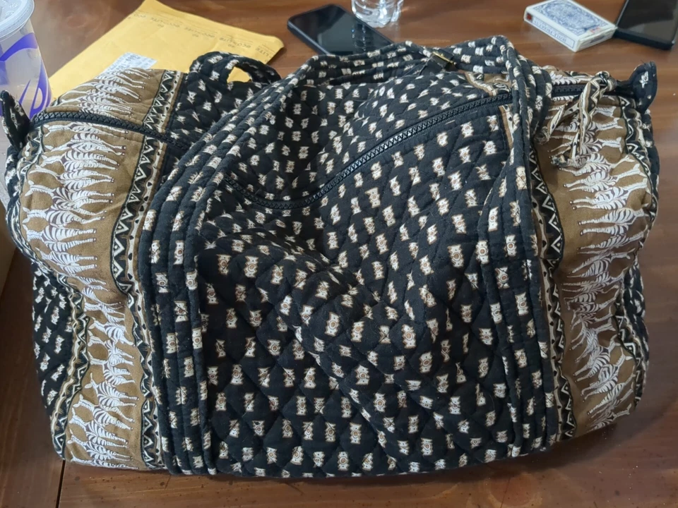 Vera Bradley Med Duffle in BlacknTan Zebra Pattern-Retired Vintage W/Garment Bag