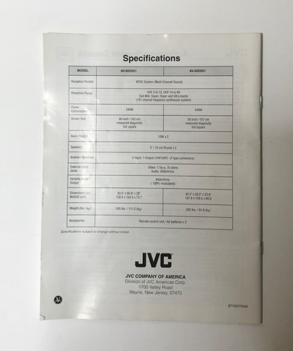 JVC Projection Television Users Guide Manual AV-60D501 AV-50D501 - Picture 2 of 2