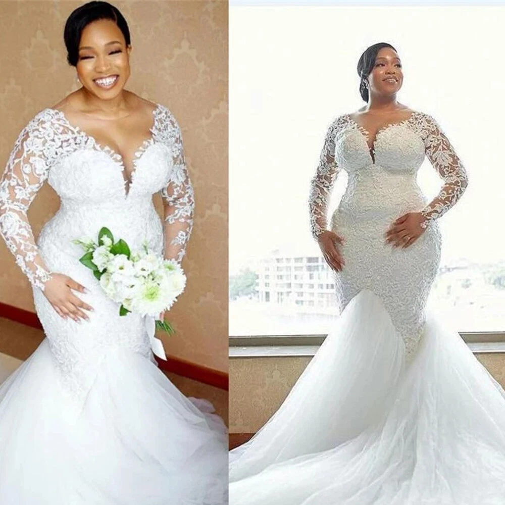 Plus size mermaid wedding clearance dress with lace sleeves