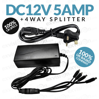 CCTV PSU DC 12 V 5 A 5 AMP NETZTEIL ADAPTER MIT 4-WEGE-SPLITTER UK 3-POLIGER STECKER UK