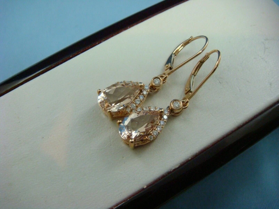 5 Ct Pear Created Morganite Leverback Dangle Drop Earrings 14K Rose Gold Finish - Image 4 of 4