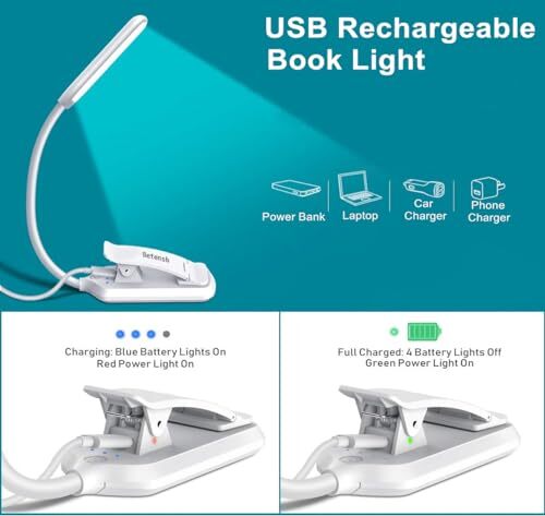 9 LED Book Light, USB Rechargeable Reading Light, Stepless Dimming -3 - Picture 2 of 5