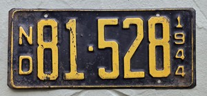 1944 North Dakota World War II Era Passenger Car License Plate. Original Paint.