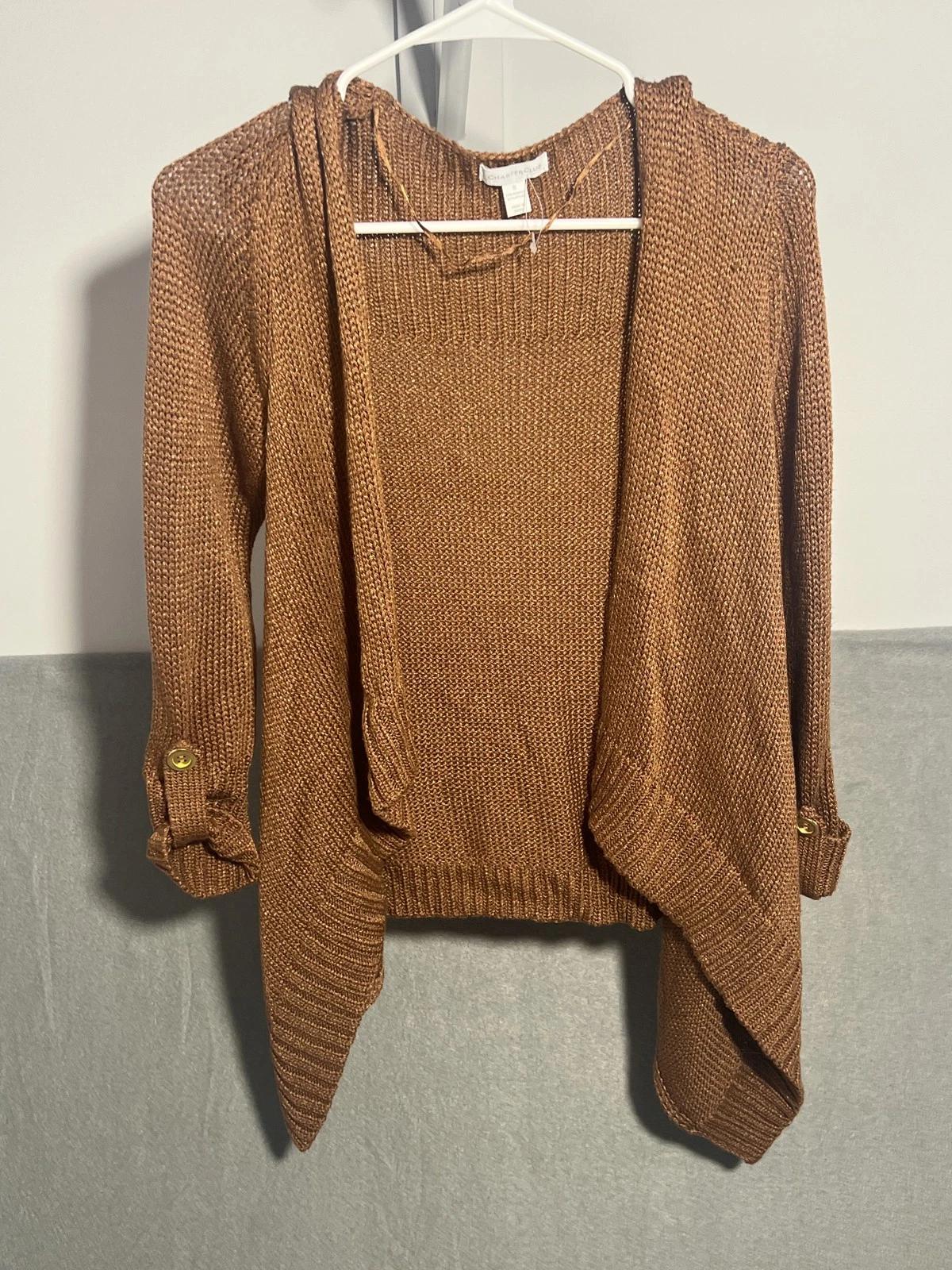 Charter Club Women's S Hooded Open Front Cardigan Sweater Brown Roll Tab Sleeves