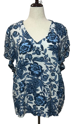 Rachel & Zoe Top Womens 2X Blue White Floral Tropical Flutter Sleeve Beachy NWT