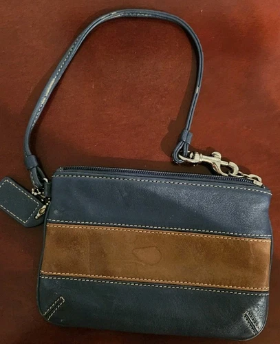 Coach Piccolo Braccialetto in Pelle Bicolore Blu Marrone con Cuciture Bianche