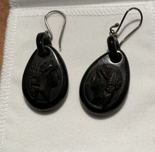 ANTIQUE  VICTORIAN  WHITBY JET CARVED  CAMEO GODDESS  EARRINGS DAMAGED