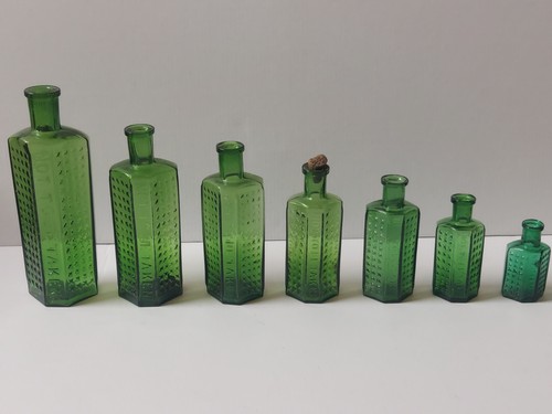 A Job Lot of 7 Lewis & Towers Green Poison Bottles 1/2, 1 , 1 1/2, 2, 3, 4 & 6oz