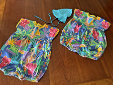 Vtg ESTATE 2X TWINS HIPPO GIRAFFE ROMPERS Infant 18Month 1X HAT SEE MEASUREMENTS