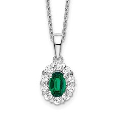 14k White Gold 1/2Ct Oval Created Emerald  Diamond Women Halo Pendant Necklace