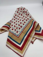 Vintage Cottagecore Floral Scarf Red Poppy Print Gold Blue Stripe Square