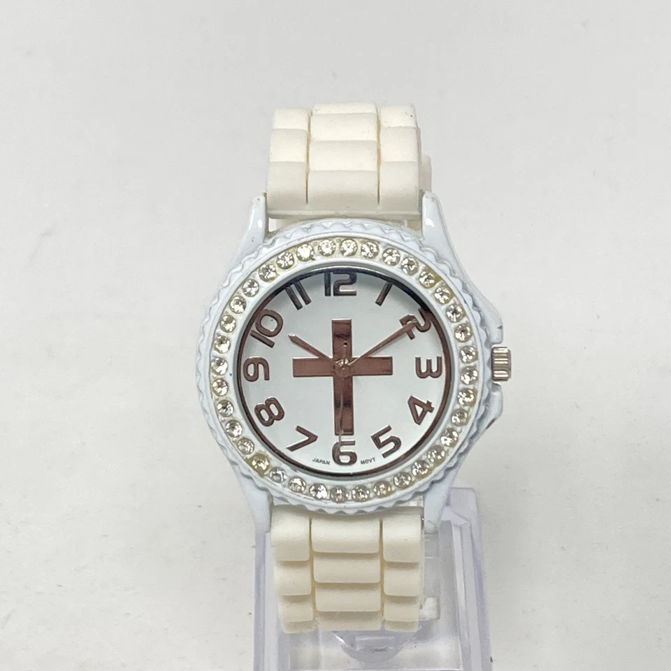 Geneva Watch Women 38mm Cross White Christian Crystal Bling New Battery 9" - Image 3 of 4