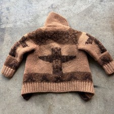Vintage 50s 60s Kids Cowichan Sweater Cardigan Handmade Totem Pole Motif Button