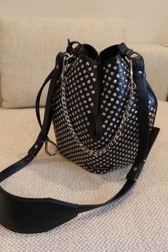 ALEXANDER MCQUEEN Studs Chain Shoulder Bag Leather Black Metal Auth