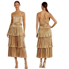 NWT Mac Duggal Tea-Length Metallic Plissé Midi Dress Gold Size 6 retail $398