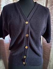 Jones New York Black Solid Knit V-Neck Button Front Short Sleeve Cardigan L