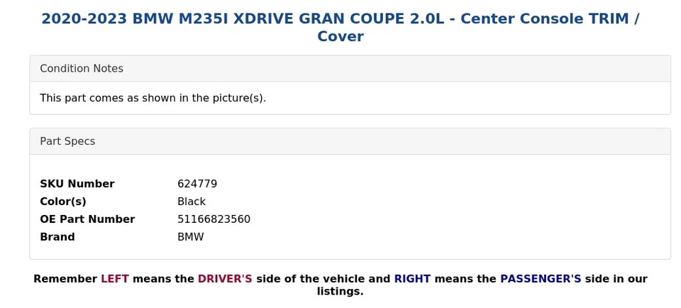 2020-2023 BMW M235I XDRIVE GRAN COUPE 2.0L - Center Console TRIM / Cover - Image 4 of 4